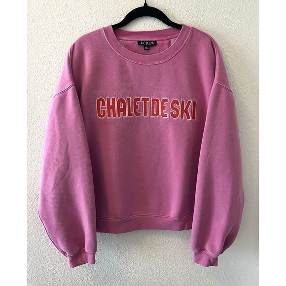 J. Crew Women's Sweatshirt Size Large Pink Chalet De Ski Embroidered Graphic - Picture 1 of 14